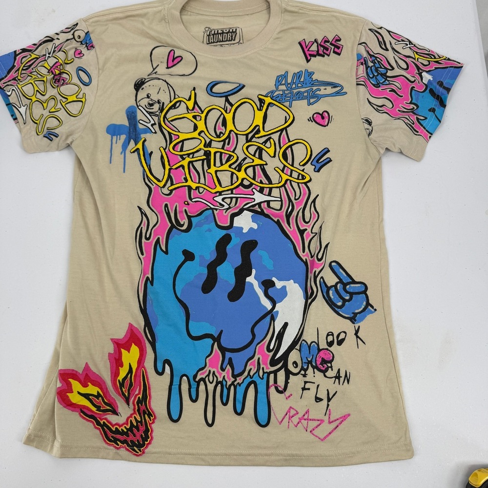 Fresh Laundry Graphic Tee Mens Medium Tan Good Vibes Graffiti Smiley Face Shirt